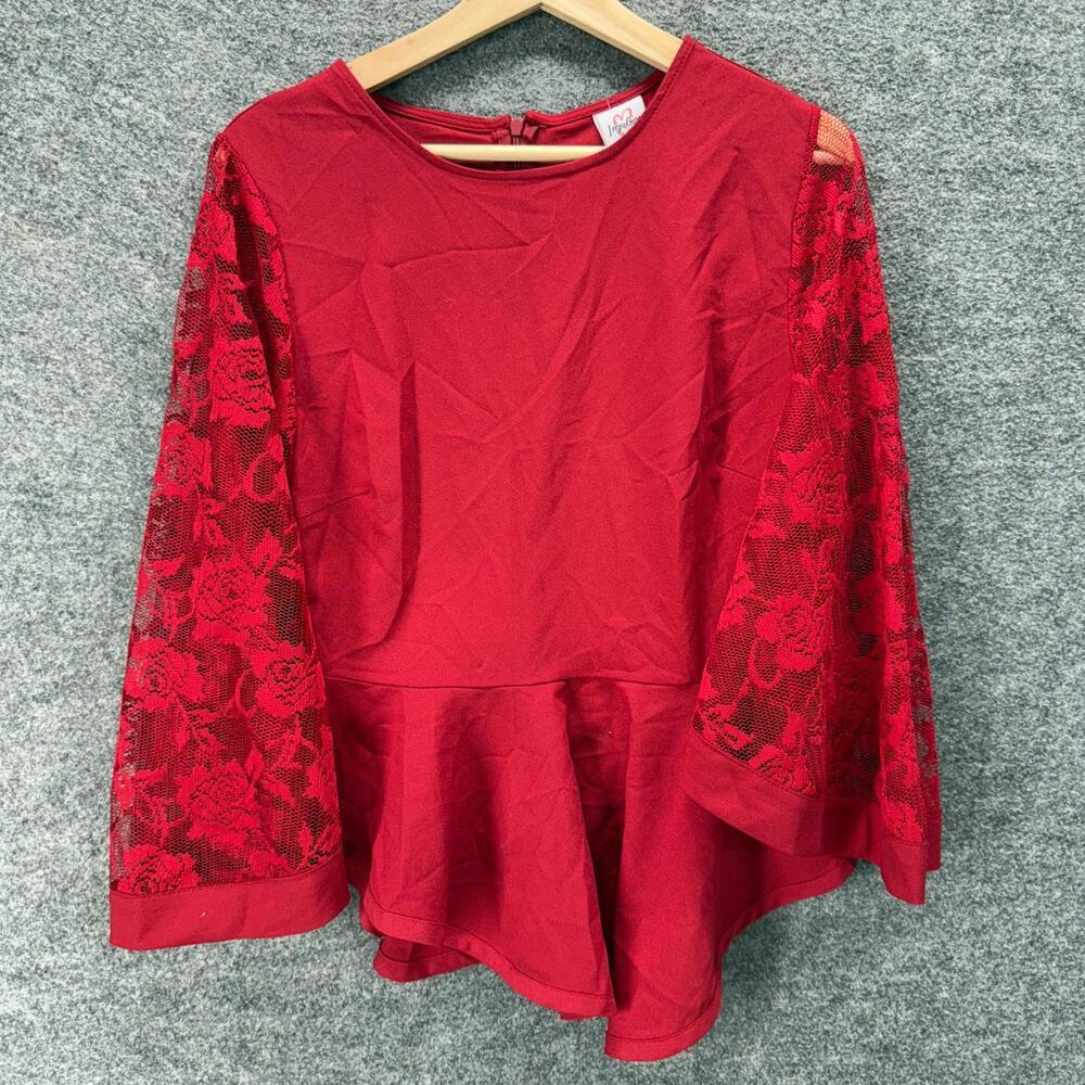 New Impulsive Blouse Women L Large Red Floral Crochet Long Sleeve Zipper Casual